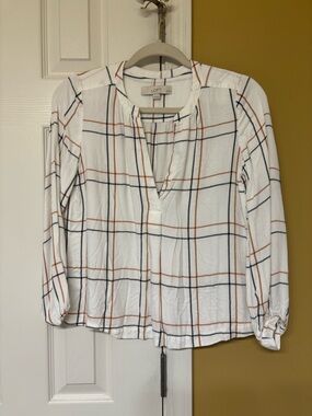 LOFT White Plaid Popover Blouse with Black and Rust Stripes